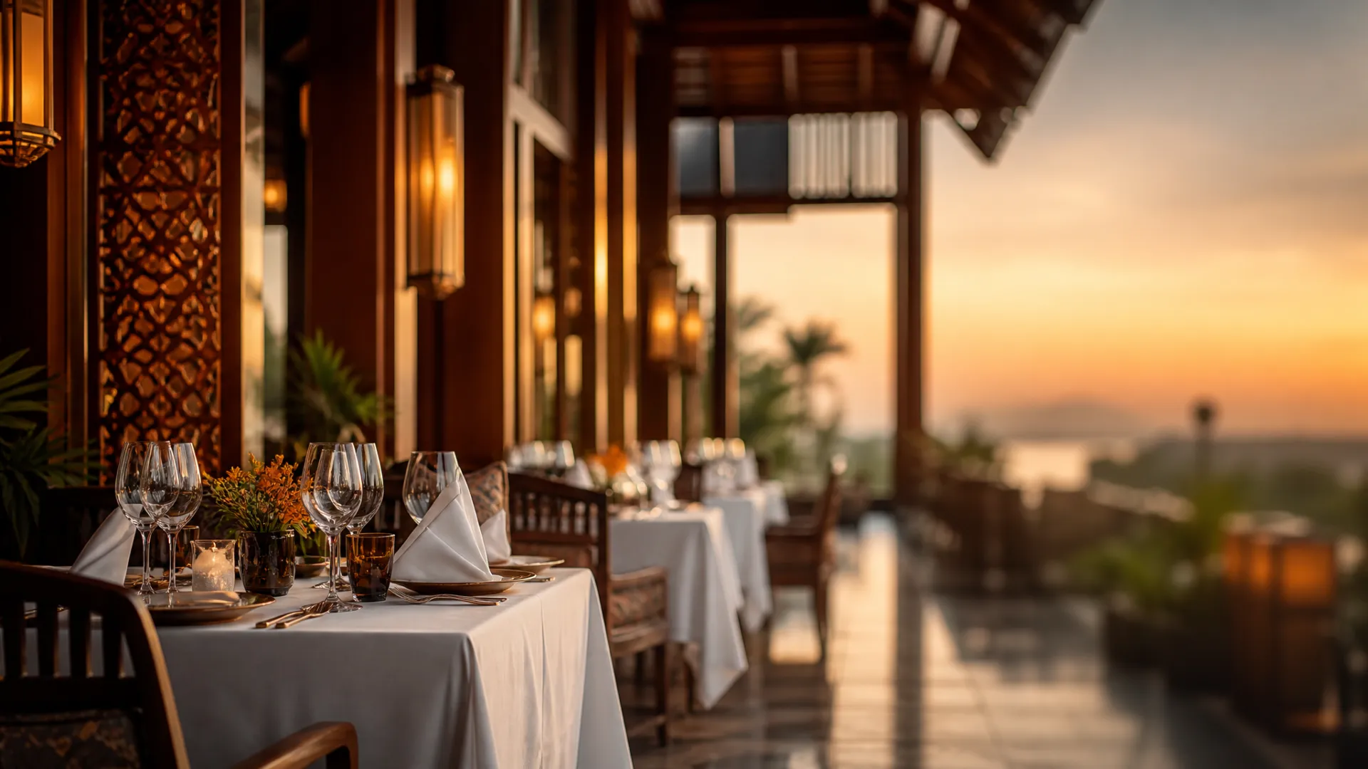 Restaurant interior in Thailand at sunset